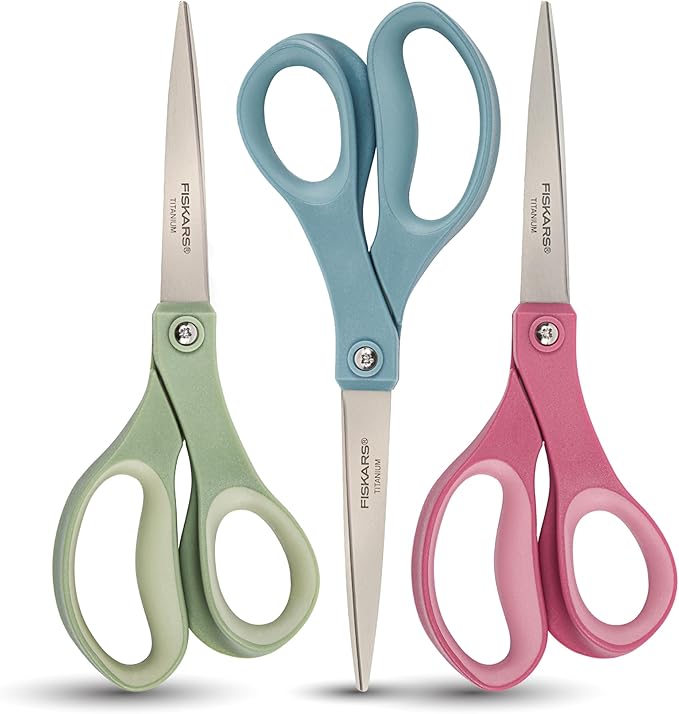 Fiskars 8” Comfort Grip Titanium Multipurpose Scissors with Ergonomic Handles for Everyday Cutting Tasks, Sharp Scissors for Home, Office, Crafts, Multicolor 3-Pack