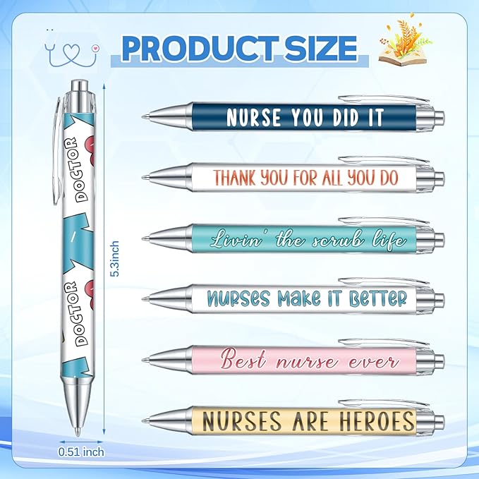 Thenshop 6 Set Nurse Appreciation Gifts 6 Nurse Sticky Notes and 6 Fun Ballpoint Pens Thank You Gifts for Nurse Office Supplies