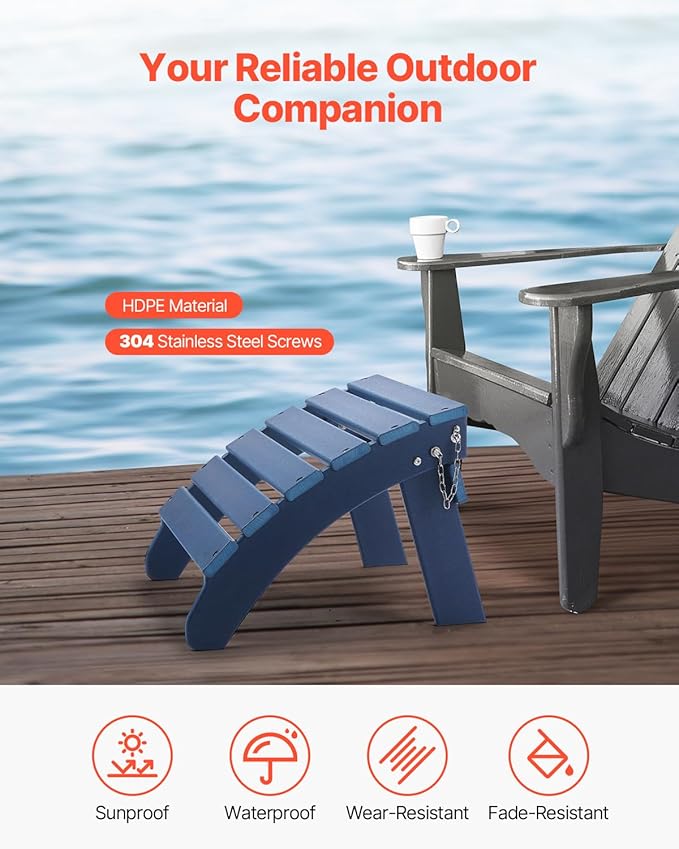VEVOR Adirondack Ottoman, 18.7L x 18.9W x 13.8H Inch HDPE Plastic Folding Adirondack Ottoman, Weather-Resistant Foot Rest for Adirondack Chair, Widely Used for Outside Porch Pool Lawn Backyard, Blue