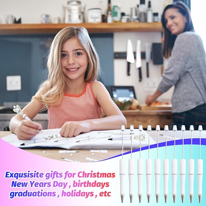 150 Pieces DIY Beadable Pen Kit – 50 Plastic Ballpoint Pens with Refills & Bags – School Supplies, Office Accessories & Decorative Items for Students & Teachers （White）