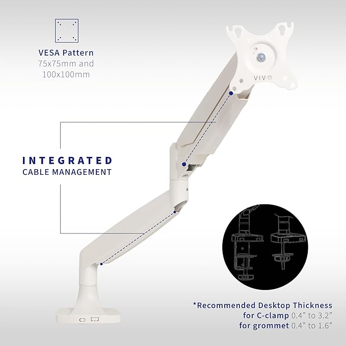 VIVO Premium Aluminum Heavy Duty Single Monitor Arm for Ultrawide Monitor up to 40 inches and 32.5 lbs, Desk Mount Stand, Pneumatic Height, Max VESA 100x100, White, STAND-V101QW