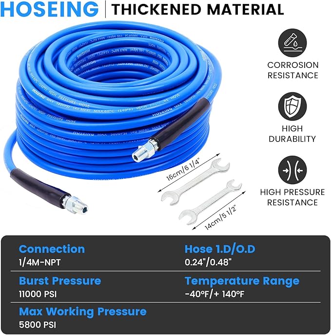 100FT Pressure Washer Sewer Jetter Kit, 5800 PSI Water Jet Drain Cleaner Hose with Corner Rotating Button Nose Nozzle, 1/4 Inch NPT, Kit Includes Sewer Jetting Nozzles and Spanner Handle Strap