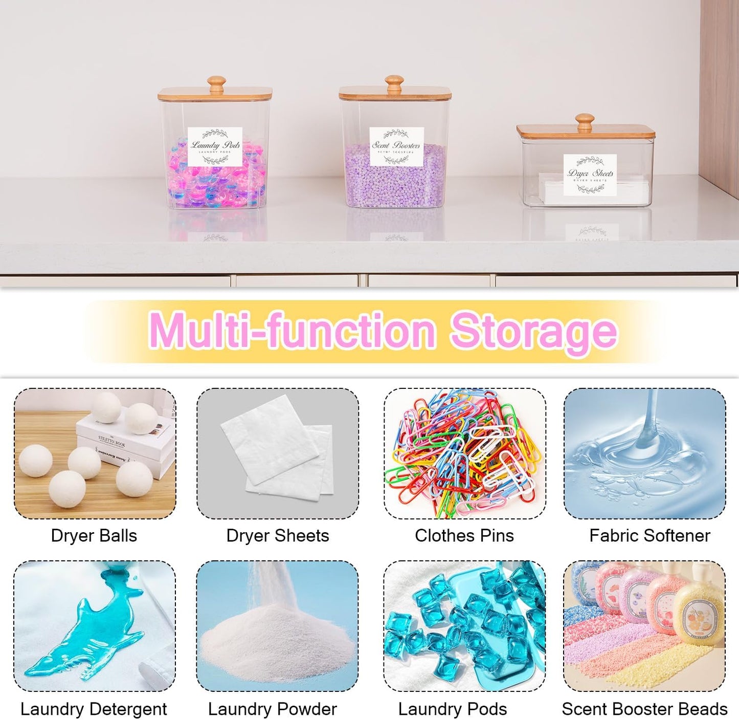efluky 3 Pack Laundry Pods Container & Dryer Sheet Holder Set,Clear Laundry Room Organization Containers with Bamboo Lids and Labels,Laundry Pods Holder for Scent Booster,Powder,Pod
