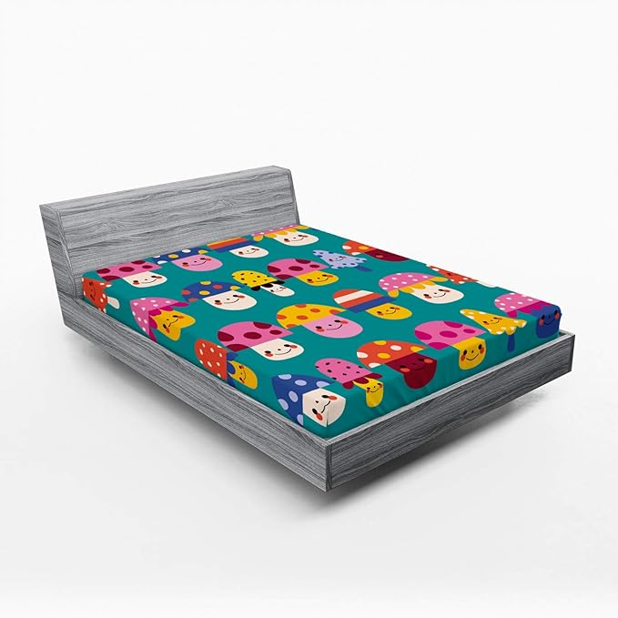 Ambesonne Mushroom 2 Pack Fitted Sheet, Shapes and Dots, Bed Cover All-Round Elastic Deep Pockets 2 Pieces, Package Contains 2 Queen Size Fitted Sheets, Dark Seafoam Multicolor