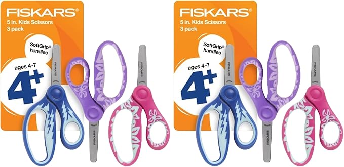 Fiskars 5" SoftGrip Blunt-Tip Scissors for Kids Ages 4-7,Scissors for School or Crafting,Back to School Supplies,Blue,Purple,and Pink Designs,3 Count (Pack of 2)