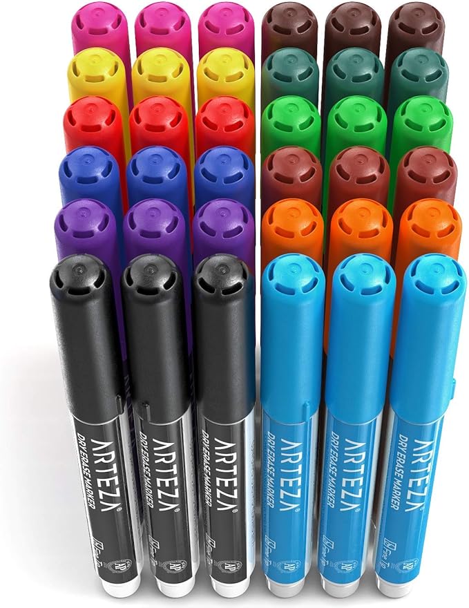 ARTEZA Dry Erase Markers Fine Tip, Bulk Pack of 36 Low-Odor Whiteboard Pens, 12 Assorted Colors for Office, Meeting Rooms & Daily Planning
