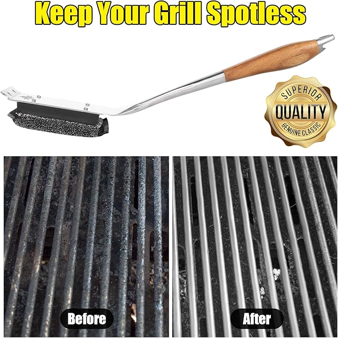 Bristle-Free Grill Brush with Replacement Head. Ultra Safe & Efficient Cleaner for Cast Iron and Stainless Steel Outdoor Grills.Gifts for Men/Dad