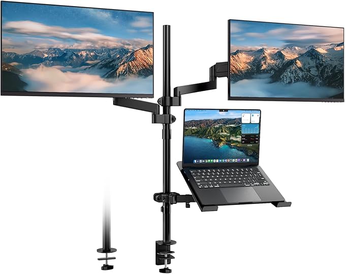 Dual Monitor and Laptop Mount Stand with Extra Long Pole, Holds 2 Monitors up to 32 Inch 19.8 lbs Each and 10-17 Inch Laptop, Full Motion Adjustable Desk Mount with C Clamp
