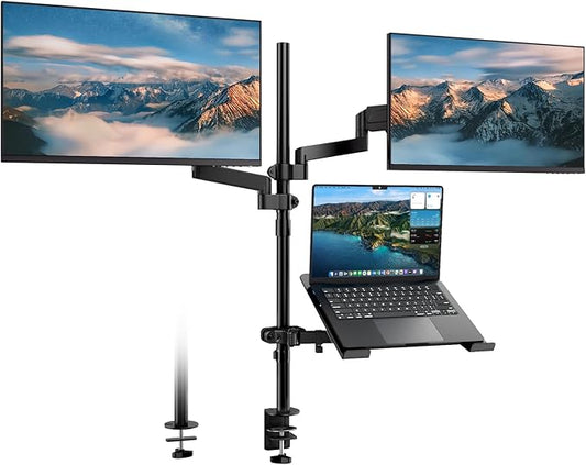 Dual Monitor and Laptop Mount Stand with Extra Long Pole, Holds 2 Monitors up to 32 Inch 19.8 lbs Each and 10-17 Inch Laptop, Full Motion Adjustable Desk Mount with C Clamp