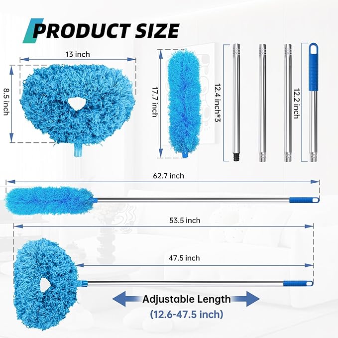 DRQ Ceiling Fan Cleaner Duster, 2 Pack Reusable Microfiber Duster with Extension Pole, 13 to 48 Inch Fan Blade Cleaner, Removable Dusters for Cleaning Walls Bookshelves Door Window Top (Blue)