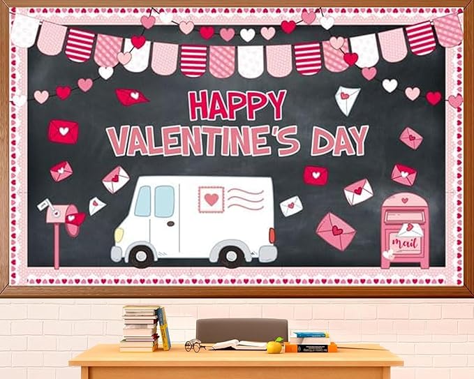 Valentine's Day Bulletin Board Set Valentines Classroom Decoration Postal Vehicle Bulletin Board Borders Valentine's Day Special Cutouts for Holiday School Office Chalkboard Wall Door Decor Supplies