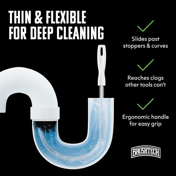 Brushtech Sink Drain & Overflow Cleaning Brush - Thin & Flexible Drain Cleaning Gadget for Clogs, Hair, & Debris - Long Pipe Brush for Kitchen & Bathroom Sink Maintenance - Made in USA (2-Pack)