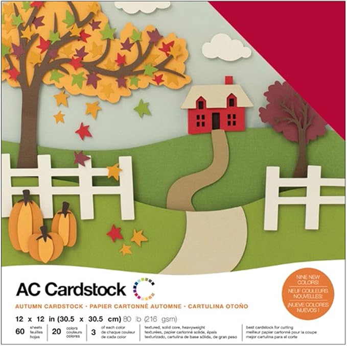 Cardstock 12x12 Scrapbook Paper Pack - Textured Heavy Duty Paper for Die Cutting, Card Making, Crafts - 60 Square Sheets, 20 Unique Colors, 80lb (216gsm), Solid Core - Autumn