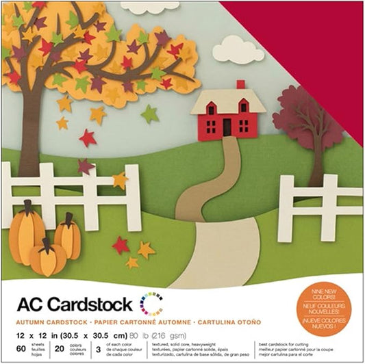 Cardstock 12x12 Scrapbook Paper Pack - Textured Heavy Duty Paper for Die Cutting, Card Making, Crafts - 60 Square Sheets, 20 Unique Colors, 80lb (216gsm), Solid Core - Autumn