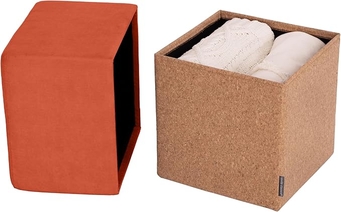 Seville Classics Cushioned Fabric Ottoman Hidden Storage Chest Footrest Chair, Padded Seat for Bedroom, Dorm, Loft, Living Room, Entryway, Hallway, Cork/Burnt Sienna, 15" Cube