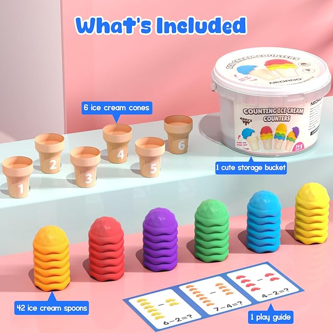 NEOROD Ice Cream Counting Toys for Toddlers 3-5 – Montessori Preschool Learning Set with 42 Scoops & 6 Cones | Color Sorting & Fine Motor Skills Stacker | Educational Math Game & Sensory Toys for Kids
