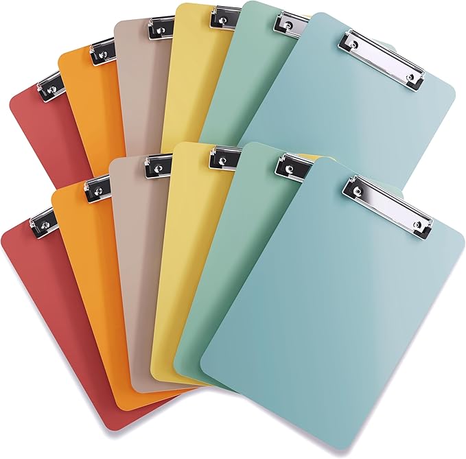 Clipboards – Set of 12 Plastic Clip Boards 8.5x11 Bulk | Colored Acrylic Clipboards for Classroom, Boho Classroom Decor, Teacher Supplies | Cute Clip Board for Kids, Office, Coaching, Medical, School