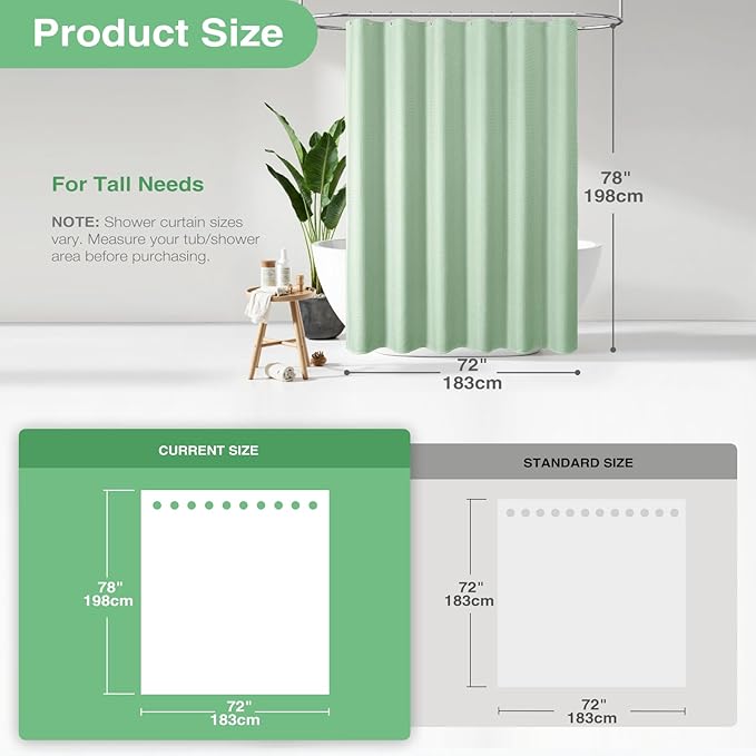 Dynamene Long Fabric Shower Curtain - 78 inch Long Waffle Weave Weighted Cloth Shower Curtains for Bathroom, Neutral Heavy Duty Hotel Spa Luxury Bath Curtain Set with 12 Hooks, 72x78, Mint Green