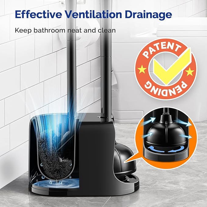 HAMITOR Toilet Plunger Bowl Brush Combo：Heavy Duty Rubber for Drain Clog Remover - Curved Design Bristles for Deep Cleaning Under Rim - Compact Bathroom Cleaning Tools for New Homet Essentials - Black