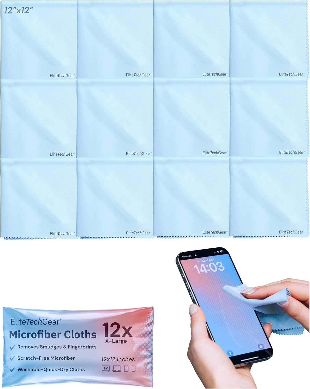 Elite Screens Microfiber Cleaning Cloth - Pack of 12, 12" x 12", Blue - Streak-Free Vision & Glasses Wipes - Quick-Dry Reusable & Eyeglass Wipes - Portable & Screen Cleaning Cloth