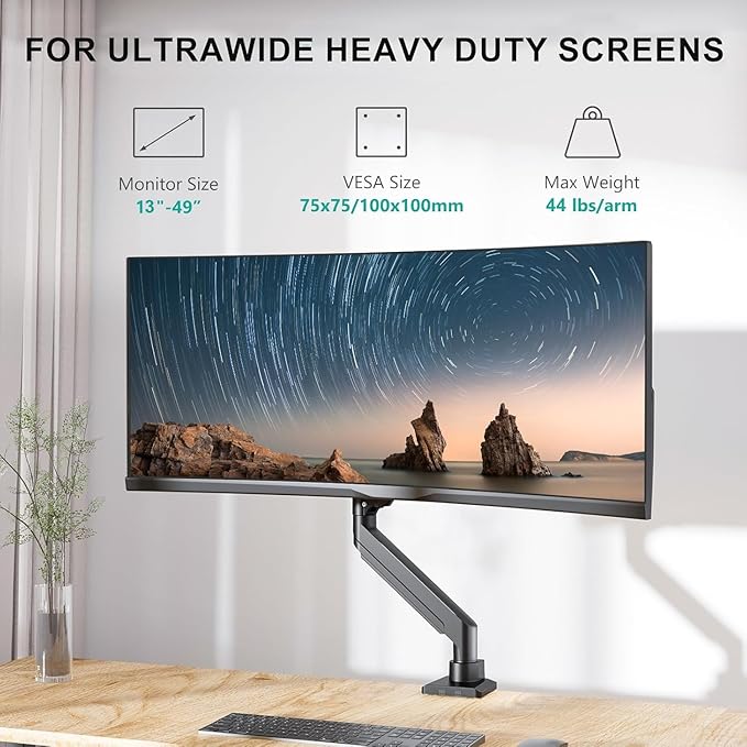 WALI Ultrawide Monitor Arm for 13-49 Inch Heavy Duty Curved Screens, Holds up to 44 Lbs, Adjustable Gas Spring Single Monitor Desk Mount with C-Clamp, Grommet Base, 75/100mm VESA, (GSM001XL), Black