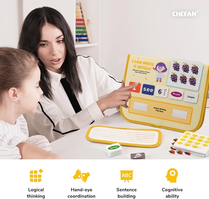 CHEFAN 114 PCS Sentence Building for Kids, Speech Therapy Materials with Writing Board, Educational Learning Games for Special Education, Reading & Language Development (Ages 3-7)
