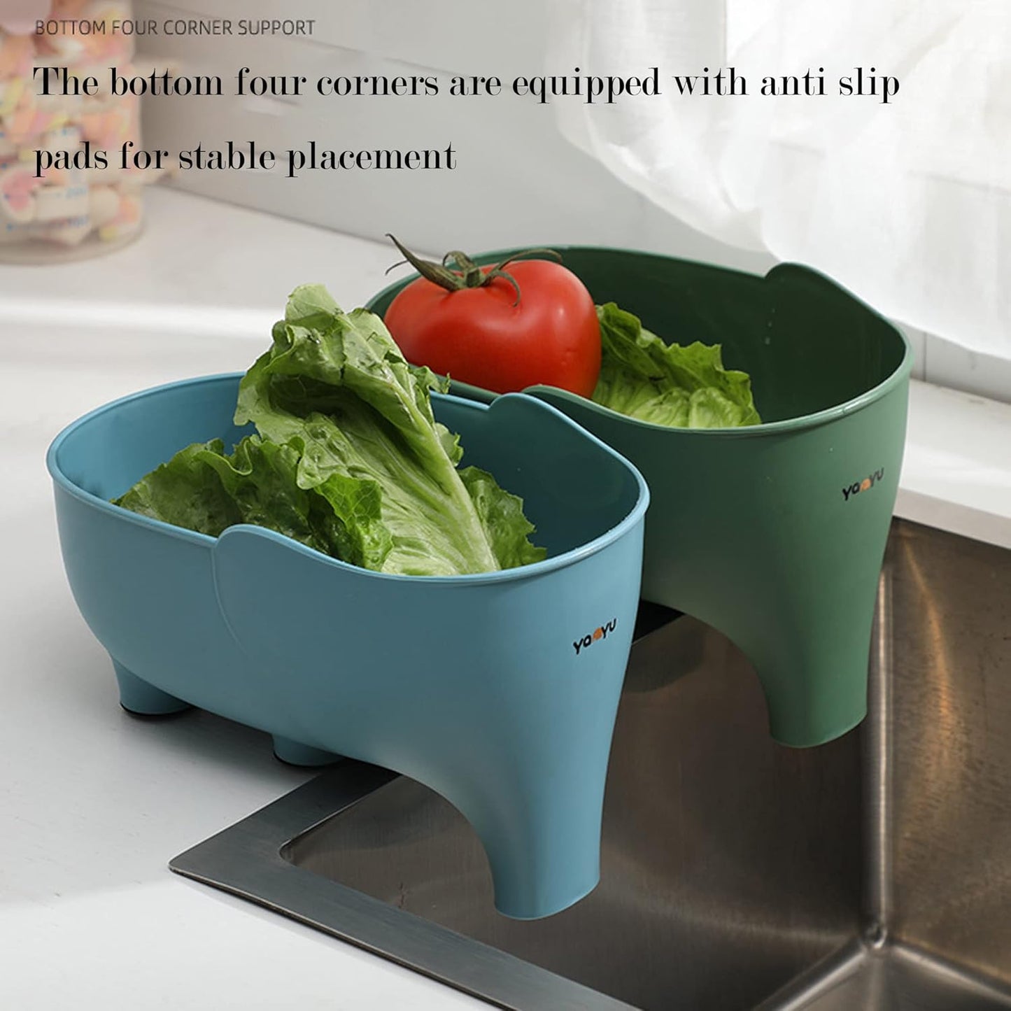 2PCS Vegetables Washing Basket Elephant Drainage Basket Fruit Basket for Draining Pasta Noodles Kitchen (Blue & Gray)