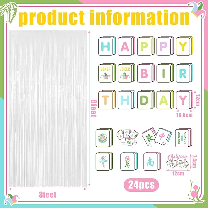 Epakh 39 Pcs Mahjong Birthday Party Decorations Includes 24 Pieces Paper Cards Decor 13 Pcs Happy Birthday Banner 2 Pieces Foil Fringe Curtain Backdrop for Photo Prop Themed Party Supplies