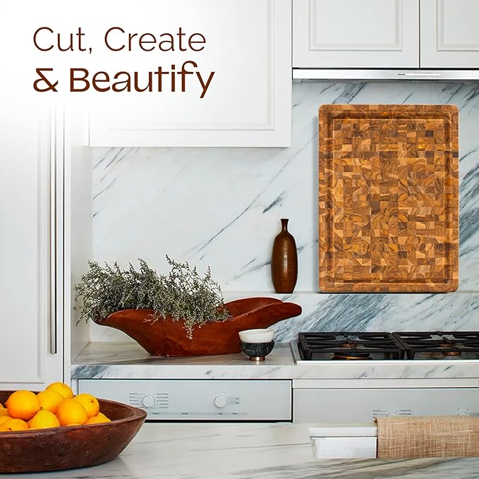 Yes4All Medium End Grain Teak Cutting Board for Kitchen, 17''L x 13''W x 1.5” Thick, Durable Wood with Juice Grooves, Pre-Oiled, Easy Grip Handles, Essential Kitchen Utensils Set