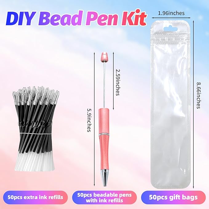 150 Pieces DIY Beadable Pen Kit – 50 Plastic Ballpoint Pens with Refills & Bags – School Supplies, Office Accessories & Decorative Items for Students & Teachers （Pink）