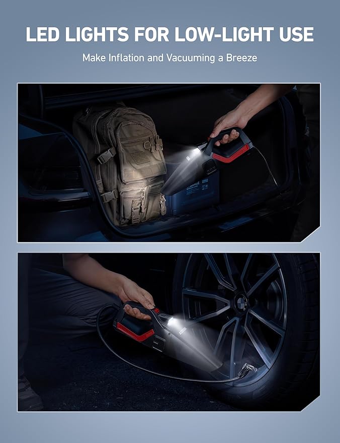AstroAI 4-in-1 Car Vacuum Cleaner and Tire Inflator Portable with Accessories Air Compressor Digital Dual Values Display, 150 PSI Car Tires Air Pump with LED Light, 12V DC, 16.4FT Cord for Auto