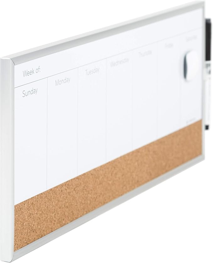 U Brands Magnetic Dry Erase Weekly Calendar White Board With Cork Strip, 18" x 7.5", Silver Aluminum Frame, Includes Magnet, Marker