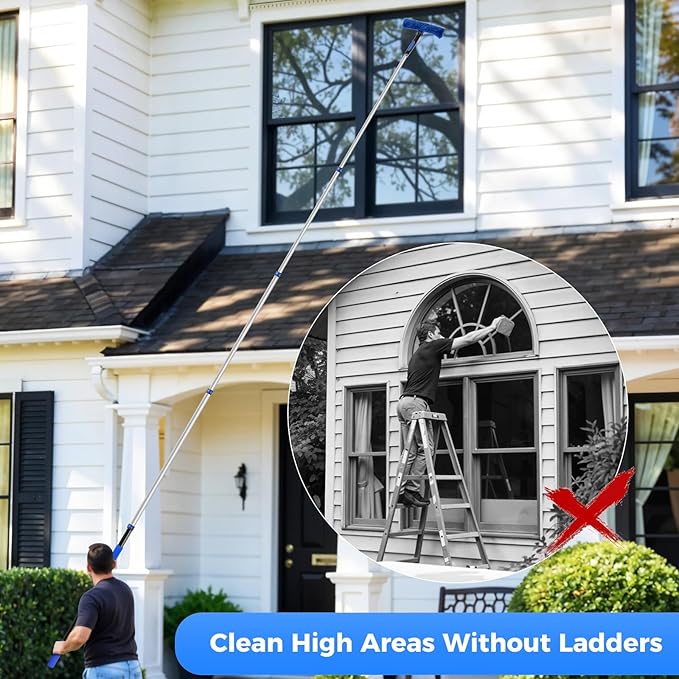 26ft Telescoping Dusting Kit, Aluminum 5-20ft Fan & Window Cleaner Set, Versatile Dusting Set with 5 Replaceable Heads for Cleaning Fans, Windows, and Hard-to-reach Areas Outdoors Without Ladder