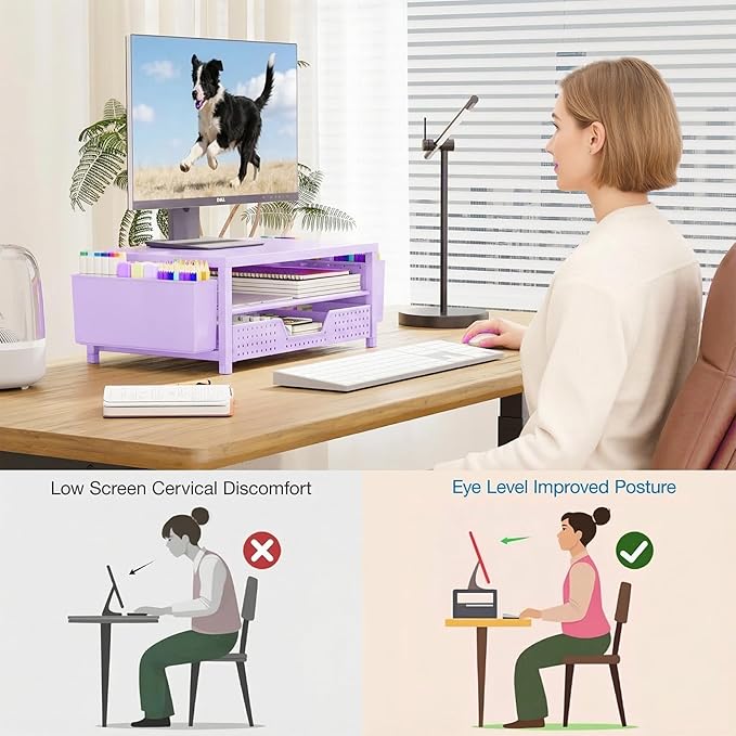 OPNICE Desk Organizers and Accessories, 2-Tier Computer Monitor Stand Riser with Drawer and 2 Pen Holders, Laptop Stand, Office Desk Accessories for Office Supplies, Purple