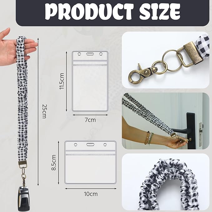 Marspark 2 Set Scrunchie Lanyards with 4 Card Holders for ID Badges and Keys Cute Stretchy Scrunchie Neck and Wrist Lanyards for Teacher Women Nurses School Office Supplies(Black White,Checked)