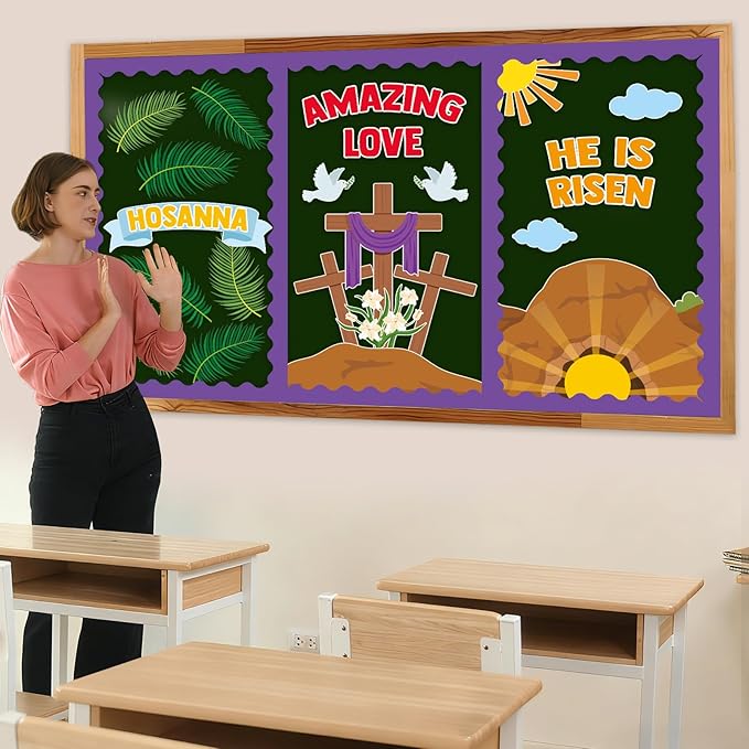 Easter Christian Bulletin Board Set He is Risen Religious Classroom Decoration Jesus Resurrection Cross Lily Hosanna Cutouts for Spring Church Sunday School Classroom Home Chalkboard Wall Decor