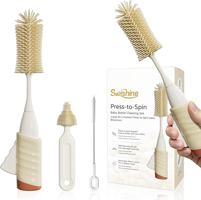 Bottle Brush Set, Innovative Efficient Press-to-Spin Brush Cleaner - Includes Silicone Baby Bottle Brush, Nipple Brush, Straw Cleaner - Spinning Generates Rich Foam for Deep Cleaning, Red