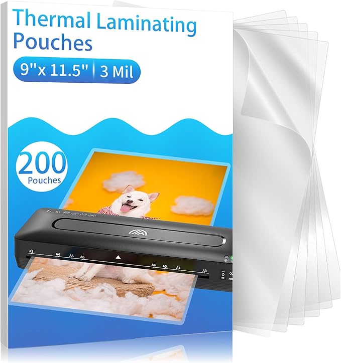 Clear Thermal Laminating Pouches – 9 x 11.5 Inch, 3 mil Thick (200 Pack) – Professional-Grade Lamination Sheets for Documents, Photos & Crafts – Fits 8.5 x 11 Letter Size Paper - [3mil 200 Packs]