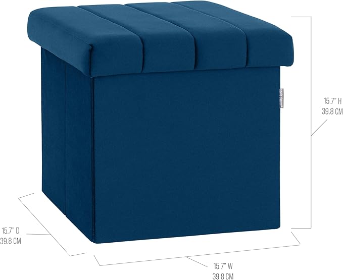 Seville Classics Cushioned Fabric Ottoman Hidden Storage Chest Footrest Chair, Padded Seat for Bedroom, Dorm, Loft, Living Room, Entryway, Hallway, Blue Velvet, 15.7" Cube