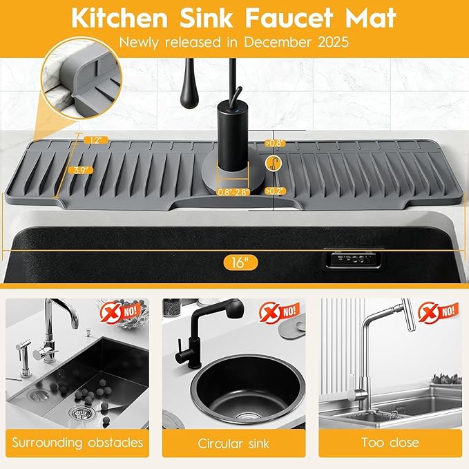16" Silicone Faucet Mat for Kitchen Sink Released in 2025/12TH,8° Slope Fast Self-draining-Kitchen Sink Splash Guard,Bathroom Kitchen Sink Area Water Splash Guard Behind Faucet Draining Dark Grey