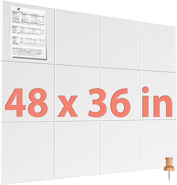 MaxGear Large Cork Board for Wall 48" x 36" White Bulletin Board, 12 Pack Felt Wall Tiles with Pushpins, Cork Boards for Office Pin Board Tack Board for Photo Meno Decor