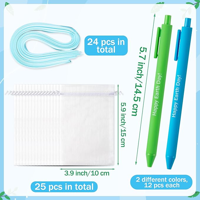 Xqumoi Earth Day Sticky Notes with Pen Gift Set - 24 Set Save The Planet Self Sticky Writing Memo Pads Ballpoint Pens with Mesh Bag Party Favors School Classroom Rewards Office Supplies