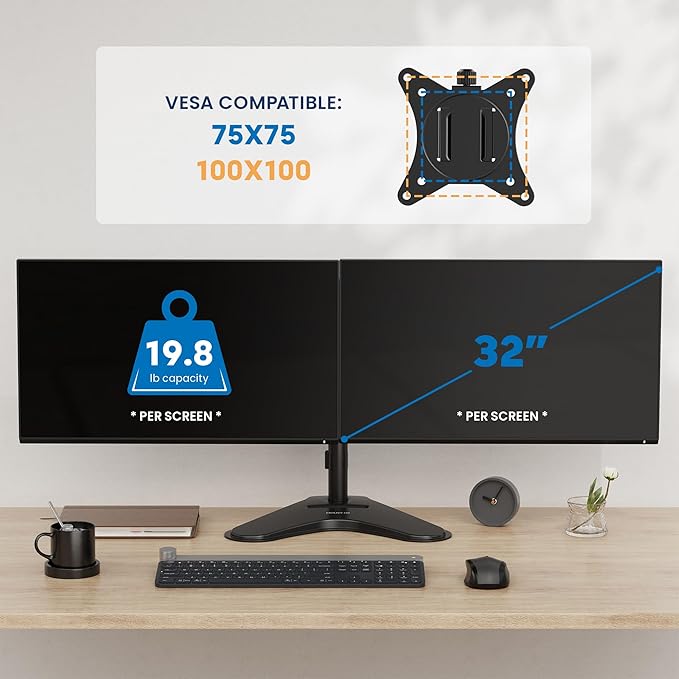 Mount-It! Dual Monitor Stand for Desk, Free Standing Monitor Mount for 2 Screens up to 32”, Height Adjustable with Tilt, Swivel & Rotation, VESA 75x75 & 100x100