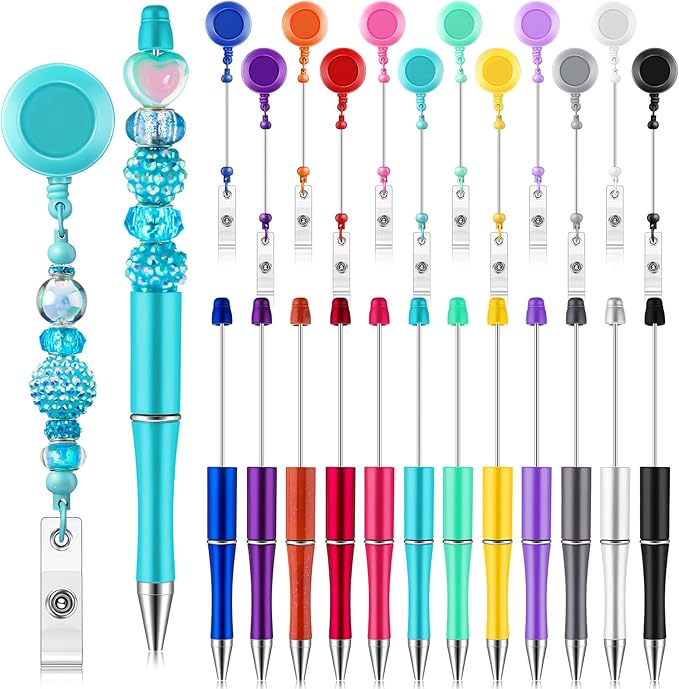24 Pcs DIY Beadable Kit Include 12 Beadable Ballpoint Pen Black Ink 12 Bead DIY Badge Reel Retractable ID Name with Belt Clip Holder for Nurse Teacher Making Gift Office School Supplies