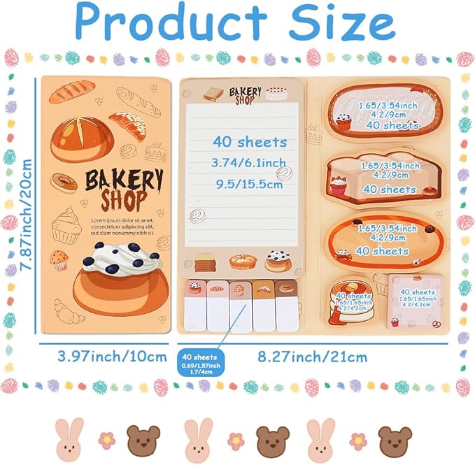 QPIXVB Cute Sticky Notes,Bread Gifts,Bread Sticky Note Set,School Supplies,Preppy Stuff,Cute Post It Notes,Fun Gifts for Women,Home Office Essentials,Writing Memo Pads for Back to School Gift