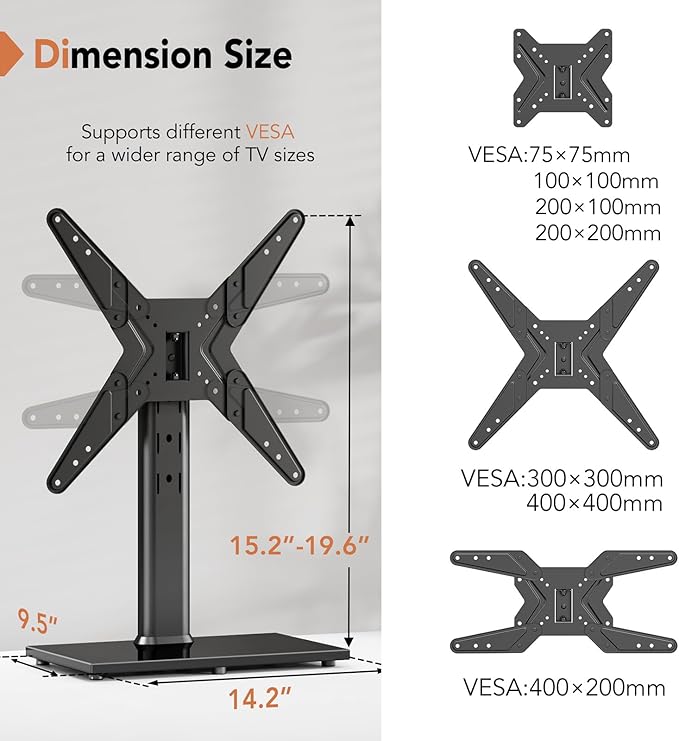 Hemudu Universal Swivel TV Stand/Base Table Top TV Stand for 21 to 50 inch TVs with 90 Degree Swivel, 4 Level Height Adjustable, Heavy Duty Tempered Glass Base, Holds up to 99lbs, HT02B-002