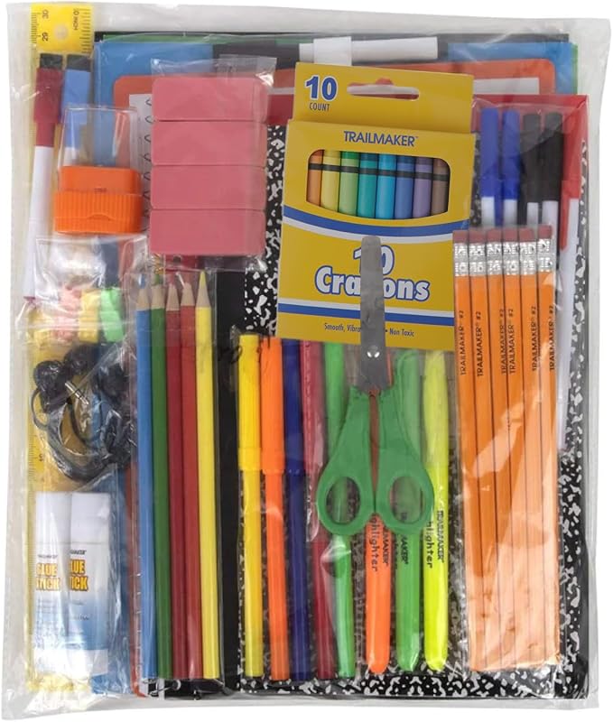 Trail maker Bulk Back to School Supplies 60 Piece Bundle Kits for Girls, Boys, Kids | Back to School Supply Box Set Includes Notebooks, Folders, Headphones, Ruler, Folders, More (12 Kits)