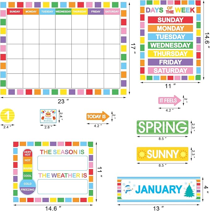Rainbow Classroom Calendar Bulletin Board Set Colorful Calendar Bulletin Board Set for Rainbow Classroom Decoration with Hook and Loop Dot Stickers