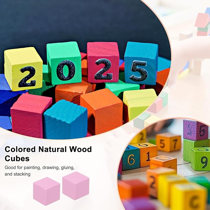 50-Pack DIY Wooden Cube, 0.6 Inch(1.5 Cm) Colored Natural Wood Blocks for Crafts Making Puzzle Games/Wedding/Home Decor/Dice/Building, Square Blank Block [Pink]