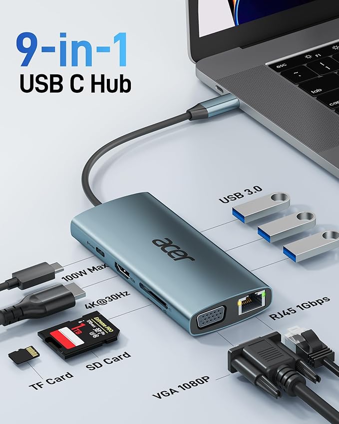 Acer USB C Hub with 4k HDMI, 9-in-1 USB C to Ethernet Adapter, 5Gbps USBA 3.0 Docking Station, VGA Splitter, SD Card Reader, PD 100W Charging for MacBook, Acer, Laptops, Surface and More